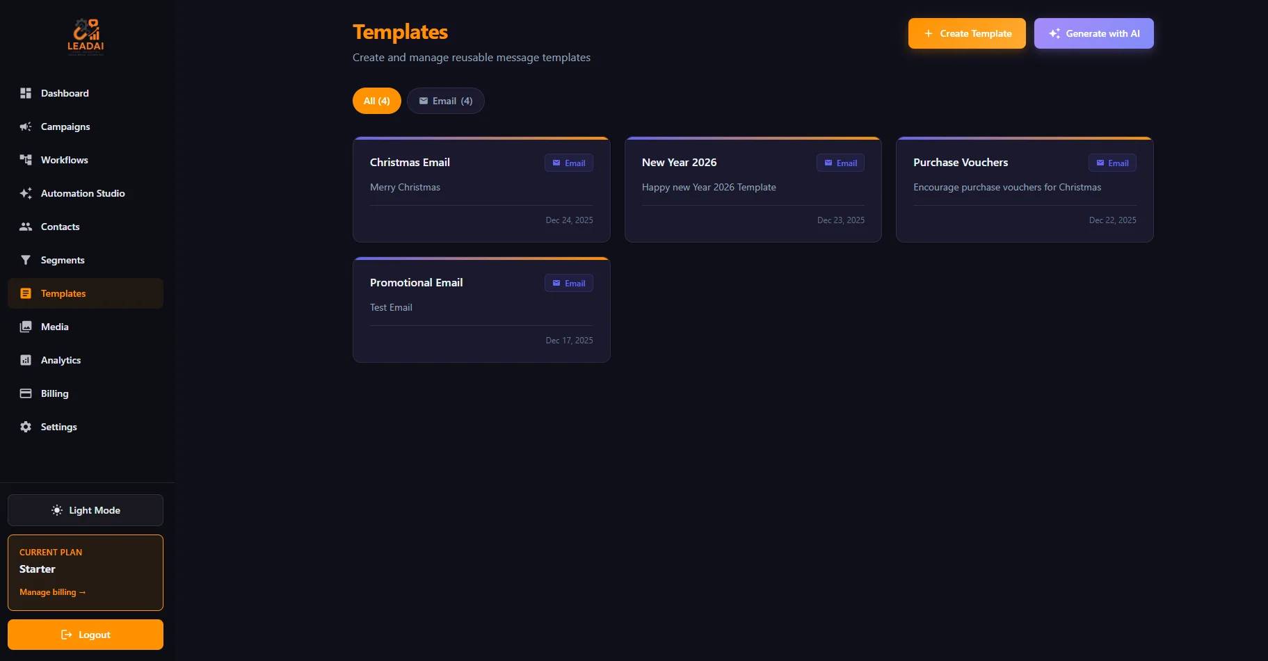 Templates section showing email templates and Generate with AI button