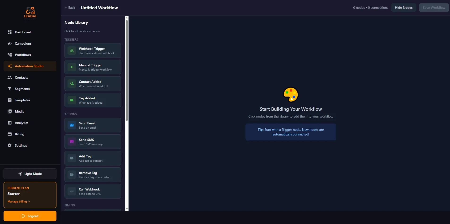 Automation Studio node library with triggers and actions