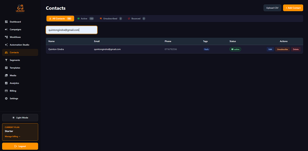 Contact management showing contact list with tags and segment cards