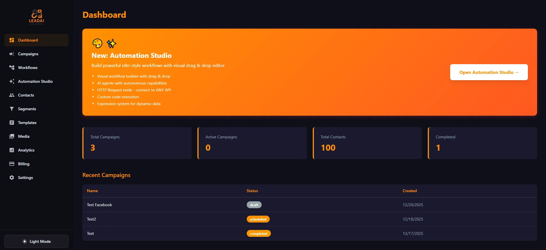 QleadAI Dashboard showing campaign overview, automation studio banner, and recent campaigns