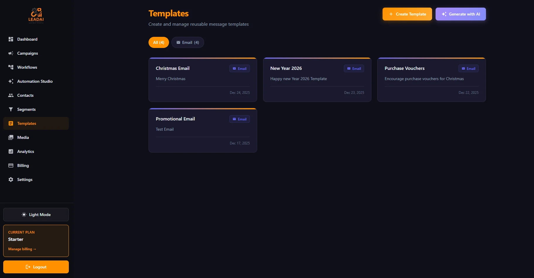 Templates section showing email templates and Generate with AI button