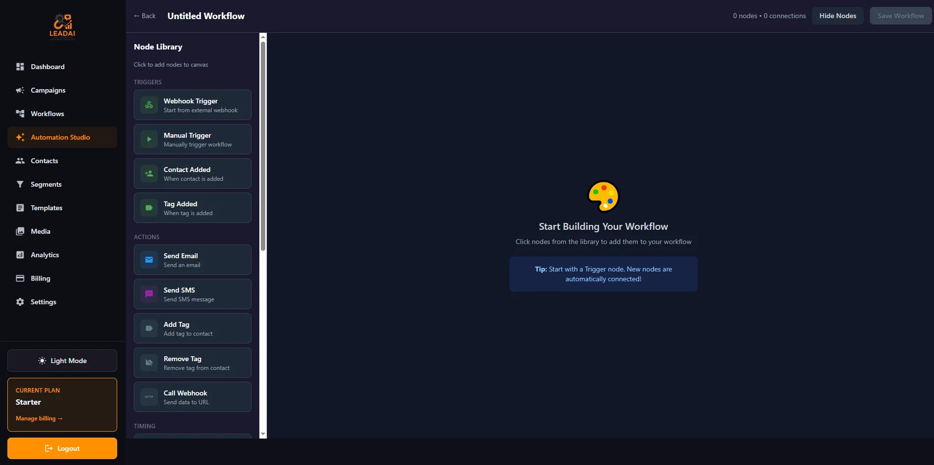 Automation Studio node library with triggers and actions