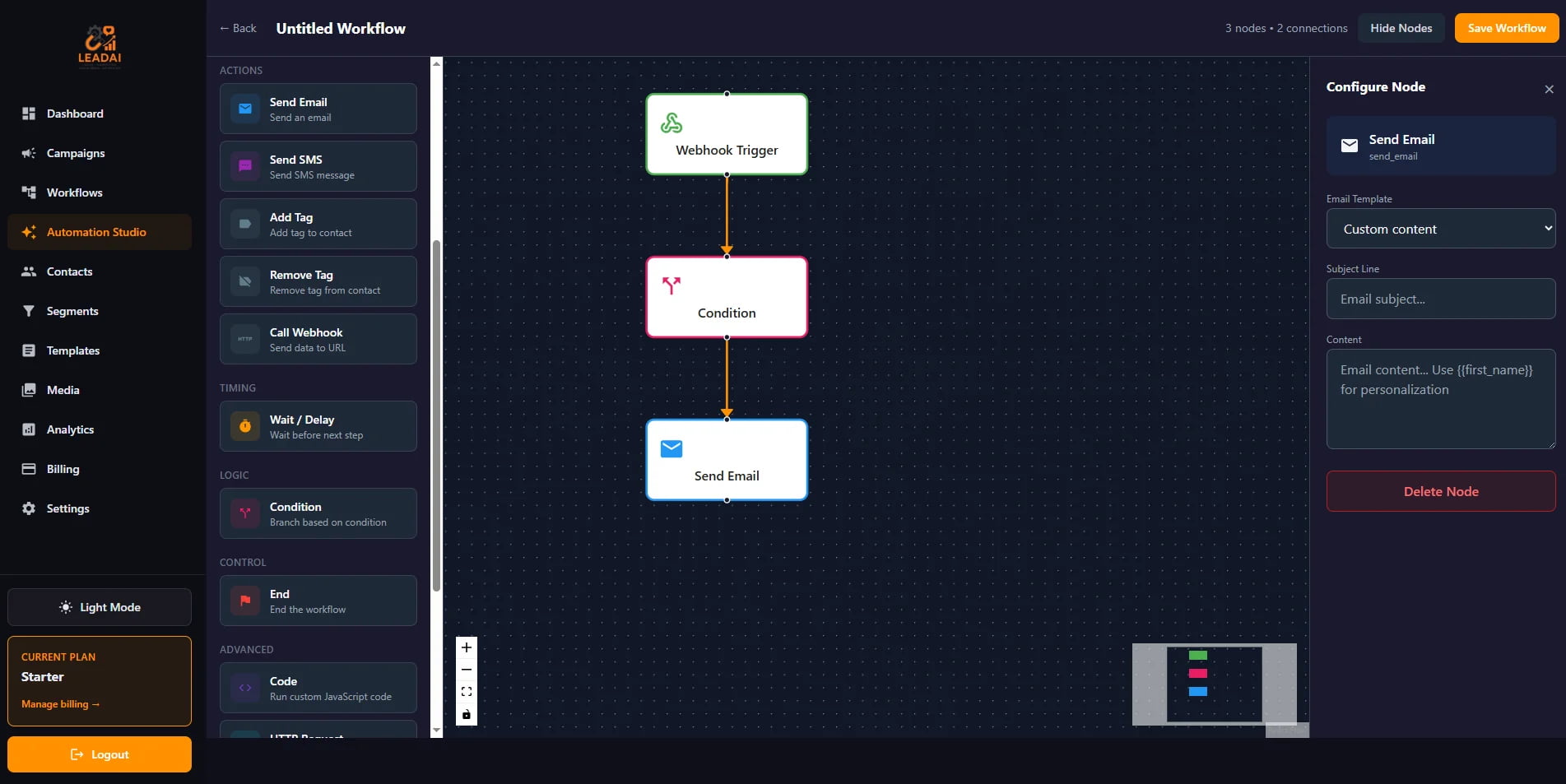 Automation workflow with webhook trigger, condition, and send email nodes